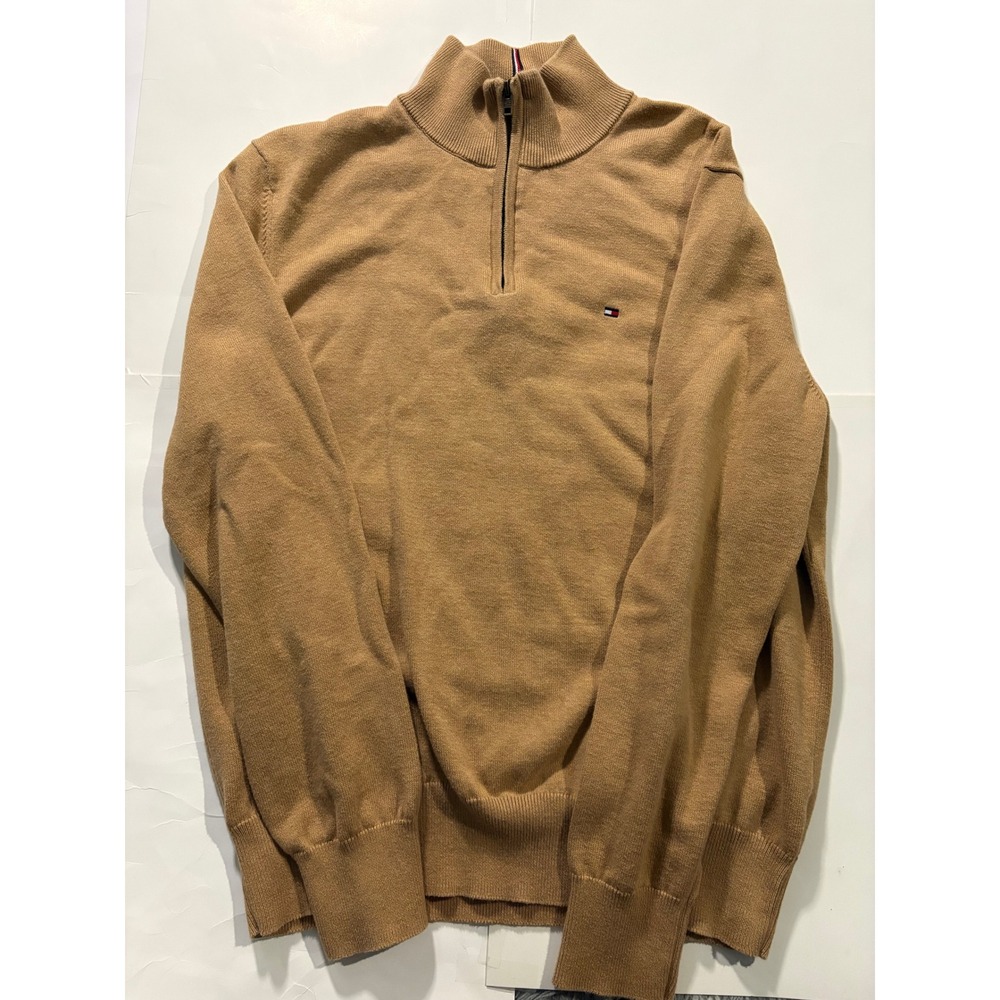 Tommy Hilfiger 1/4 Zip Sweater Mens M Tan‎ Cotton Knit Pullover